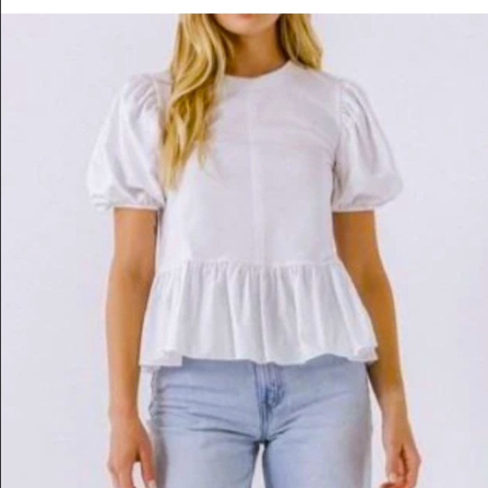 NWT English Factory White Puff Sleeve Peplum Medium Ruffle Top Blouse